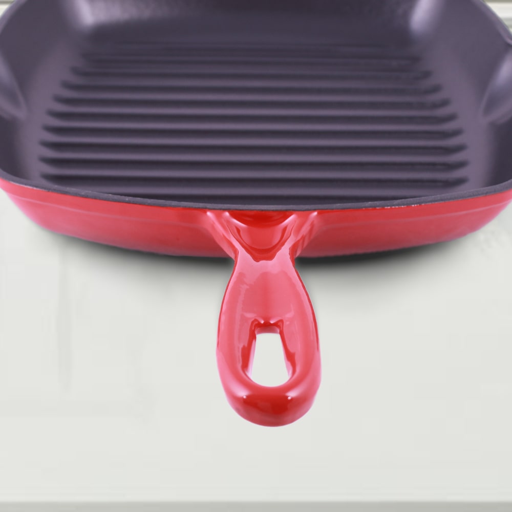Ferro Cast-iron 26 cm Grill Pan, Induction Friendly, Enamel Coating, 2.3 L, 5 Years Warranty, Red