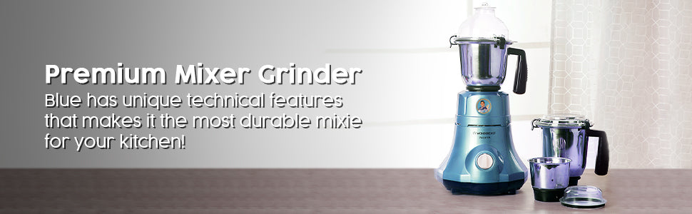 Premium Mixer Grinder, 750W With 3 Thicker Steel Jars, Die-cast Jar Base, Sharp Blade, 5 Years Warranty on Motor, Blue