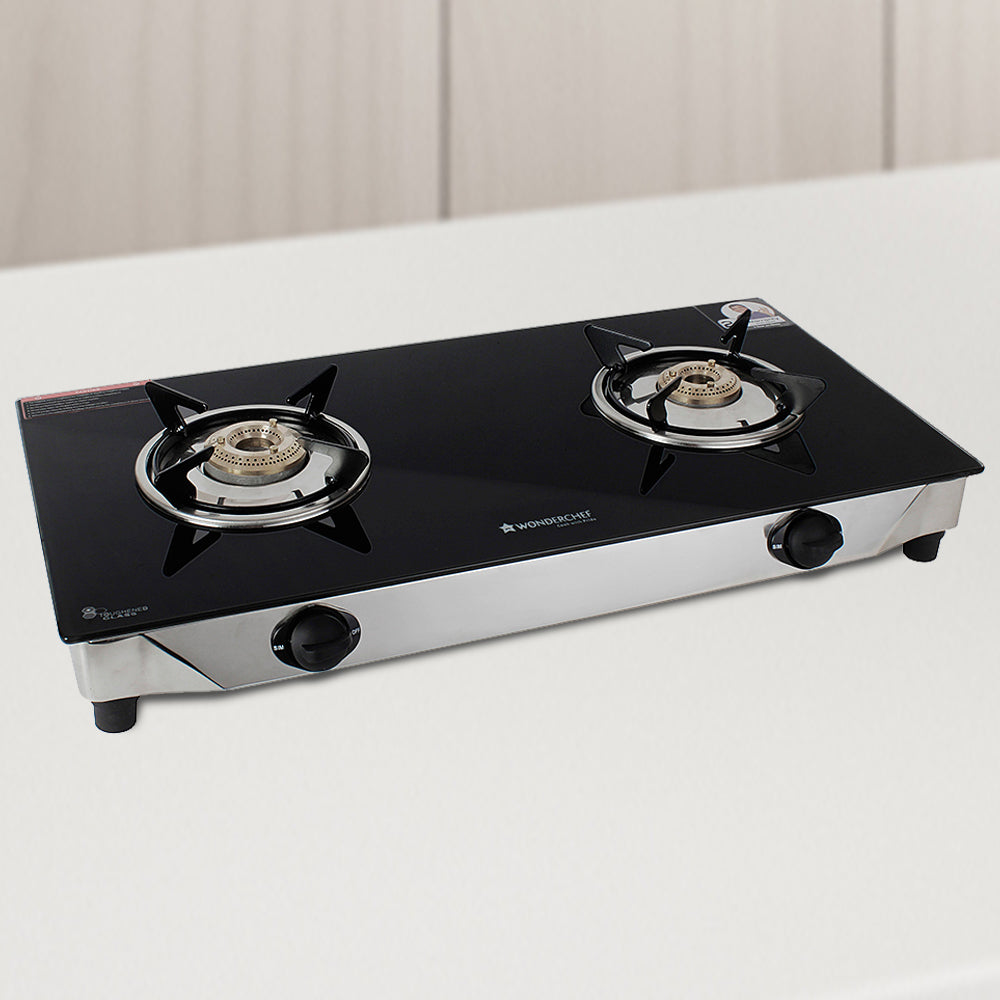 Energy 2 Burner Glass Cooktop, Black 8mm Toughened Glass  with 1 Year Warranty, Soft Touch Knobs, Efficient Brass Burners, Stainless Steel Double Drip Tray