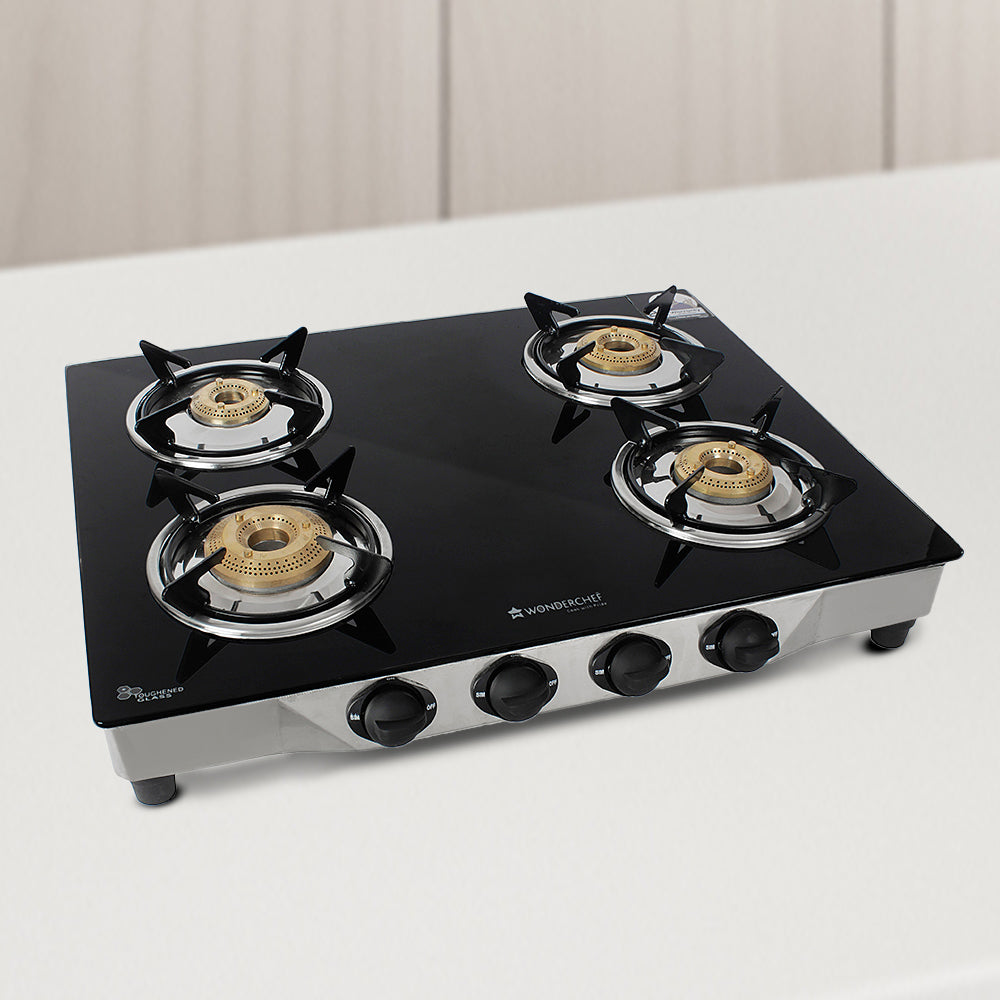 Energy 4 Burner Glass Cooktop, Black 8mm Toughened Glass  with 1 Year Warranty, Soft Touch Knobs, Efficient Brass Burners, Stainless Steel Double Drip Tray