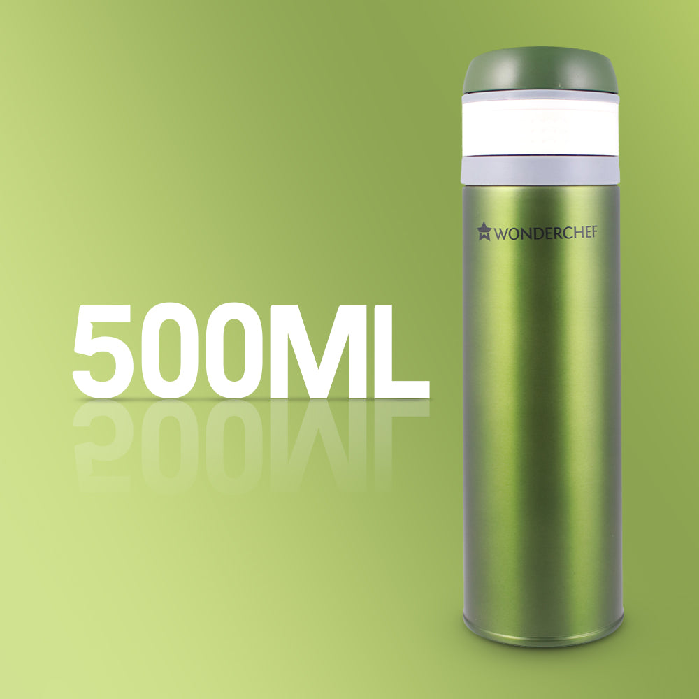 Uni-Bot, 500ml, Olive Green, Double Wall Stainless Steel Vacuum Insulated Hot and Cold Flask, Ultra Light, Spill and Leak Proof, 2 Years Warranty