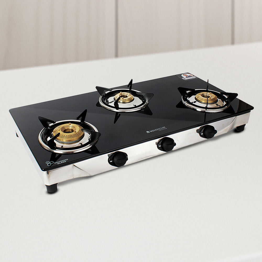 Energy 3 Burner Glass Cooktop, Black 8mm Toughened Glass  with 1 Year Warranty, Soft Touch Knobs, Efficient Brass Burners, Stainless Steel Double Drip Tray