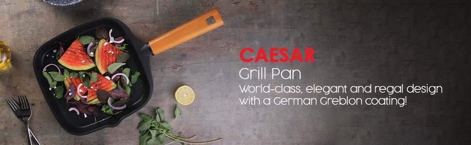 Caesar 24 cm Non-stick Grill Pan with Wooden Handle | Grill Pan Non-Stick | 1.4L | 5mm | Black