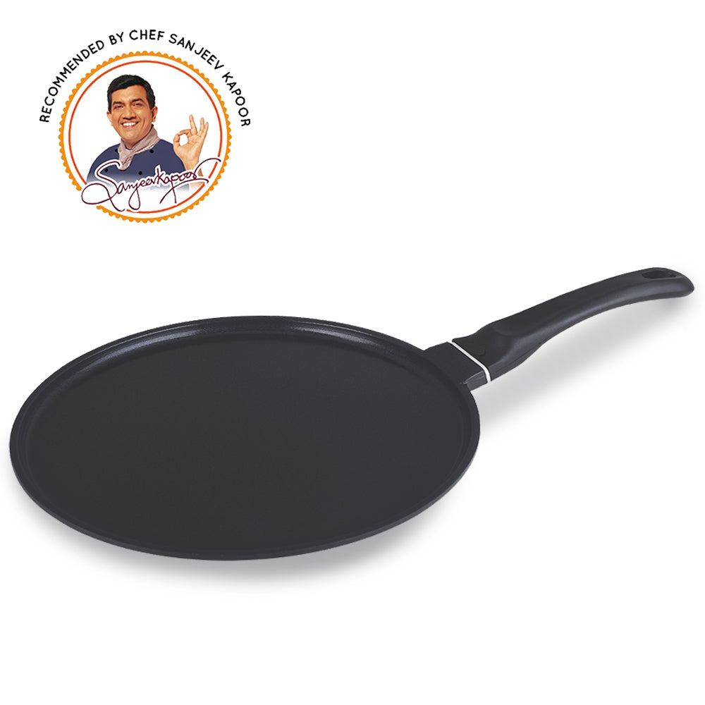 Inducta Die-Cast Aluminium Non-stick Dosa Tawa | 3.8 mm Extra Thick Base | 28cm Non Stick Tawa | Ideal for Roti/Paratha/Dosa | Induction Friendly | Soft Touch Bakelite Handle | 2 Year Warranty | Black