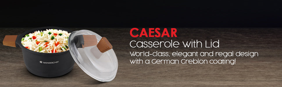 Caesar Non-Stick Casserole with Lid, German Beechwood Handle, Pure Grade Aluminium, Induction Bottom, 5 mm, Black,  5 Years Warranty