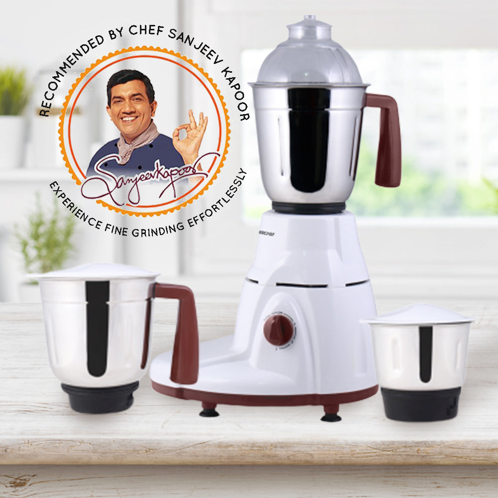 Rialto Mixer Grinder, 750W With 3 Thicker Steel Jars, Die-cast Jar Base, Sharp Blade, 5 Years Warranty on Motor, White & Brown