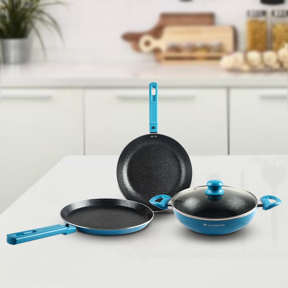 Power Non-Stick Cookware 4 Piece Set | Kadhai with Glass Lid 2.6L, Dosa Tawa 25cm, Fry Pan 24cm | Induction Friendly Bottom | Soft Touch Handles | Pure Grade Aluminium | PFOA Free | 2 Years Warranty | Blue