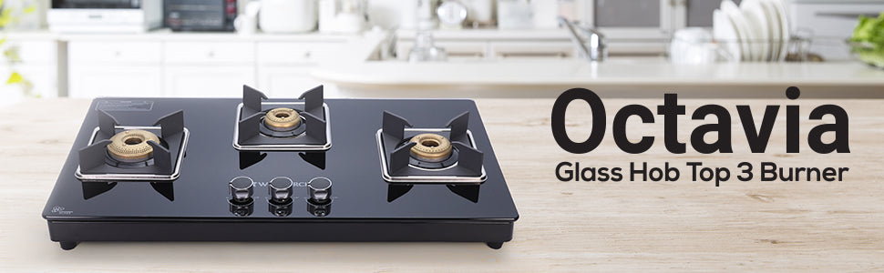 Octavia 3 Burner Glass Hob Top Manual Cooktop | 8mm Toughened Glass | Manual Ignition | Forged Brass Burners | Stainless Steel Drip Tray | Anti-Skid Legs | Large & Heavy Pan support | LPG compatible | Black steel frame | 2 Year Warranty | Black