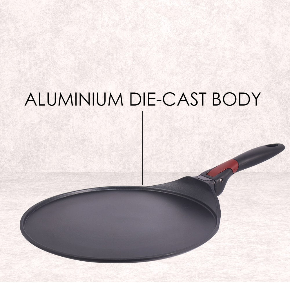 Click Space Saver 30 cm Non-stick Dosa Tawa, Induction Bottom, Foldable Handle, Aluminium, 4mm, 2 Years Warranty, Black