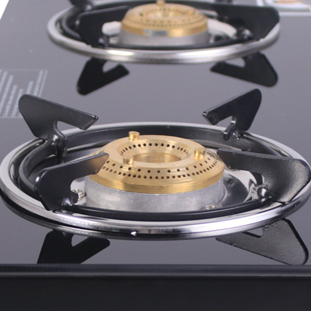 Power 2 Burner Glass Cooktop, Black 6mm Toughened Glass with 1 Year Warranty, Ergonomic Knobs, Tri Pin Brass Burner, Stainless-steel Spill Tray, Manual Ignition