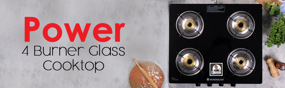 Power 4 Burner Glass Cooktop, Black 6mm Toughened Glass with 1 Year Warranty, Ergonomic Knobs, Tri Pin Brass Burner, Stainless-steel Spill Tray, Manual Ignition