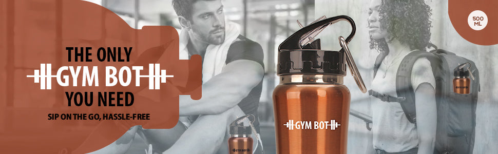 Gym-Bot, 500ml, Stainless Steel Single Wall Water Bottle, Light Weight, Spill and Leak Proof, Brown, 2 Years Warranty