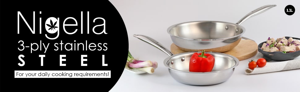 Nigella Tri-ply Stainless Steel 24 cm Fry Pan | 2 Litres | 2.5mm Thickness | With Induction base | Compatible with all cooktops | Riveted Cool-Touch Handle | 10 Year Warranty