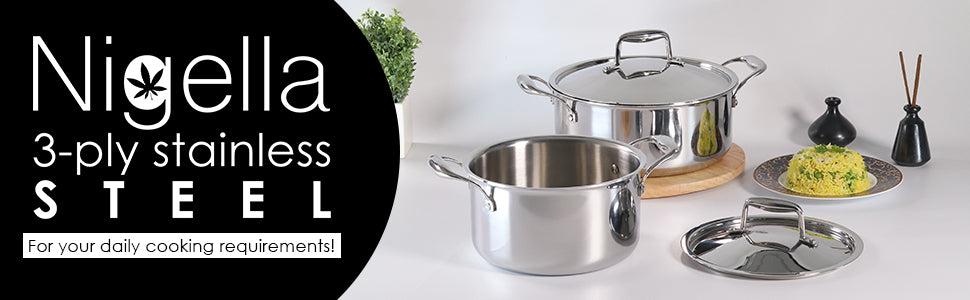 Nigella Tri-ply Stainless Steel 20 cm Casserole | 3 Litres | 2.6mm Thickness | Induction base | Compatible with all cooktops | Riveted Cool-Touch Handle | 10 Year Warranty
