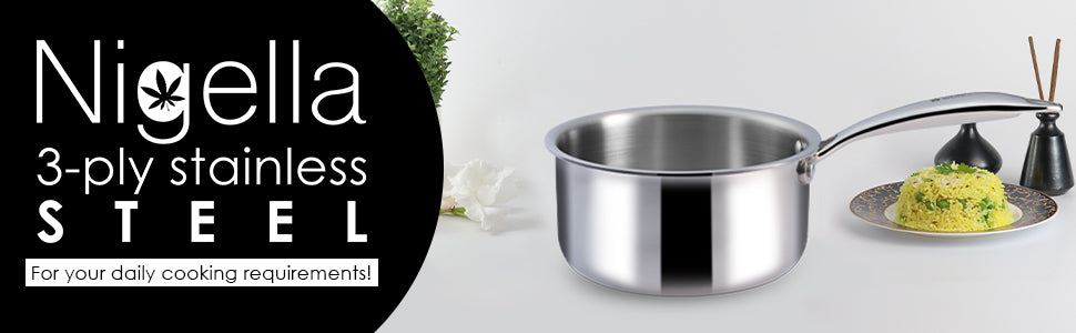 Nigella Tri-ply Stainless Steel 16 cm Sauce Pan | 1.5 Liters | 2.6mm Thickness | Silver