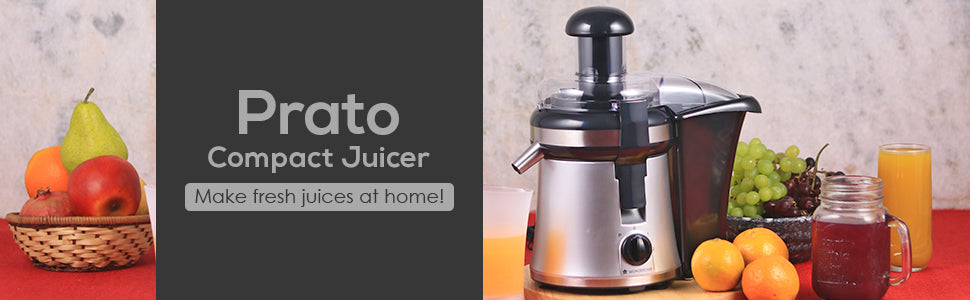 Prato Compact Centrifugal Electric Juicer for Fruits and Vegetables, 250W| Juicer Mesh with Stainless Steel Sieve| Dual Speed| BPA free Anti Drip Juicer Machine, Appliance| Easy to Clean| Healthy Juicer Machine| 1 Year Warranty | Black & Silver