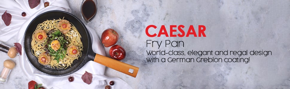 Caesar 24 cm Non-Stick Fry Pan | Induction Bottom | Wooden Handle | Pure Grade Aluminium | Frying Pan Non Stick | 1.7 L | 5 mm | 5 Years Warranty | Black