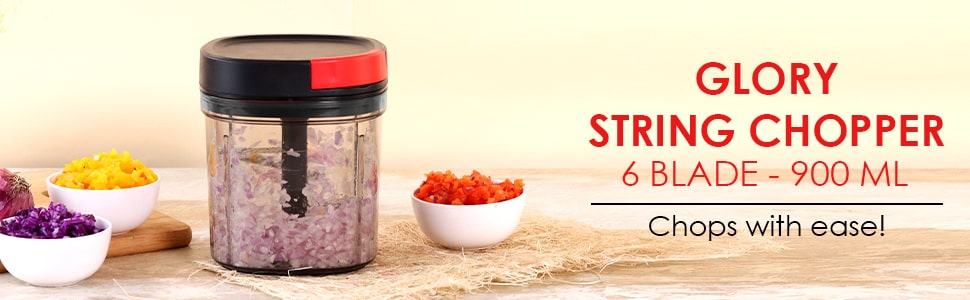 Glory String Vegetable Chopper with 6 Sharp SS Blade, Anti Slip Silicon Base Ring, Air Tight Lid, 900Ml, 1 Year Warranty