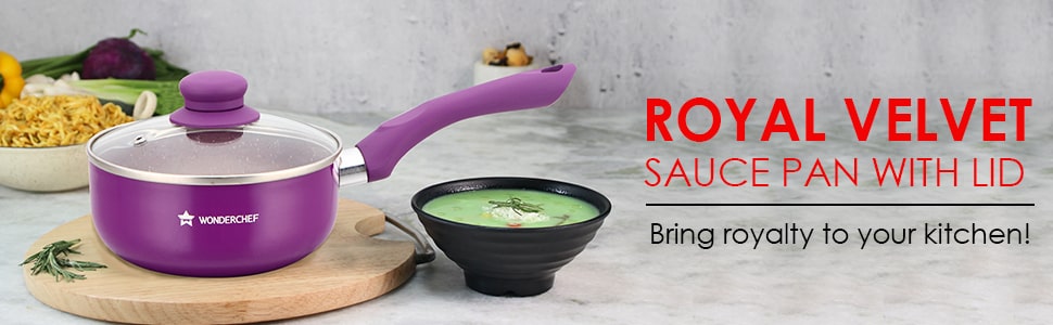 Royal Velvet 18cm Sauce pan with Glass Lid I Induction Ready | Soft-touch handles |Non – Toxic I Virgin Aluminium| 3 mm thick | 2 litres | 2 year warranty | Purple