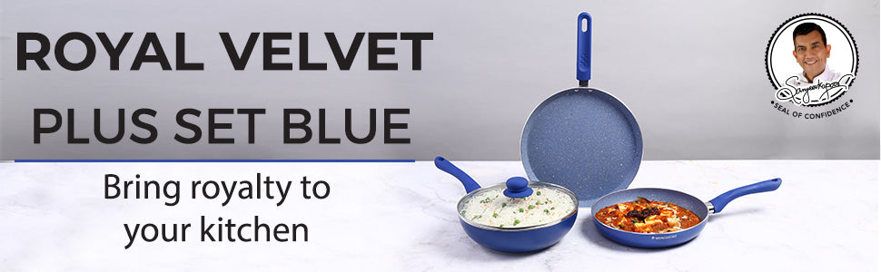 Royal Velvet Non-stick Cookware Set, 4Pc (Fry Pan with Lid, Wok, Dosa Tawa) Induction Bottom, Soft-touch Handles, Virgin Grade Aluminium, PFOA/Heavy Metals Free, 3mm, 2 Years Warranty, Blue