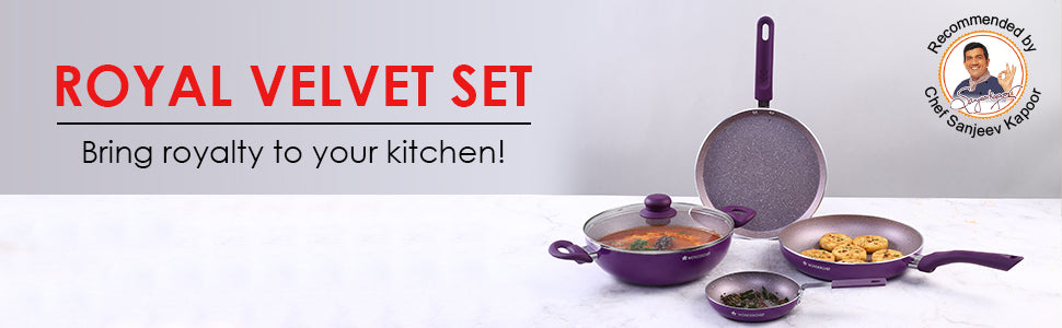 Royal Velvet Non-stick 5-piece Cookware Set (Fry Pan with Lid, Wok, Dosa Tawa, Mini Fry Pan) | Induction Ready | Soft-touch handles |Non – Toxic I Virgin Aluminium | 3 mm thick | 2 years warranty | Purple