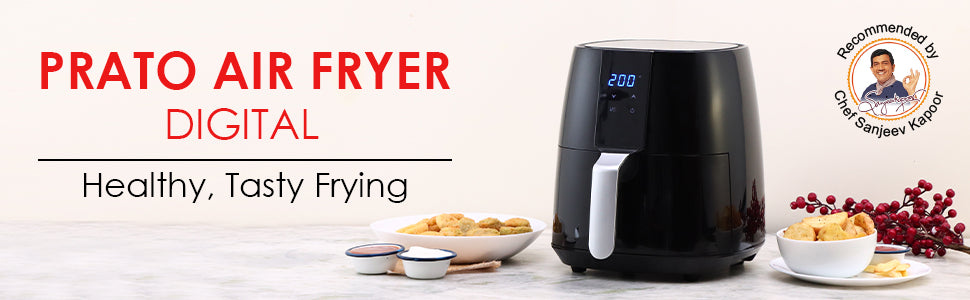 Prato Digital Air Fryer for Home and Kitchen with 5 Pre-set Menu|3.8 Litres Non-stick Basket| Fry, Grill, Bake & Roast| Rapid Air Technology| Auto Shut-Off| Healthy Cooking with 99% less Fat| Sleek & Compact| 1450 Wattage| Black|1 Year Warranty