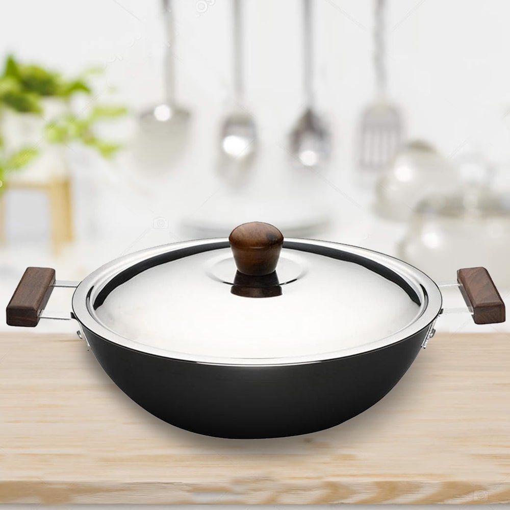 Ebony Hard Anodized 28 cm Wok with Lid | 4.5 Litre | Ideal for Biryani, Pulao|  Black / Brown