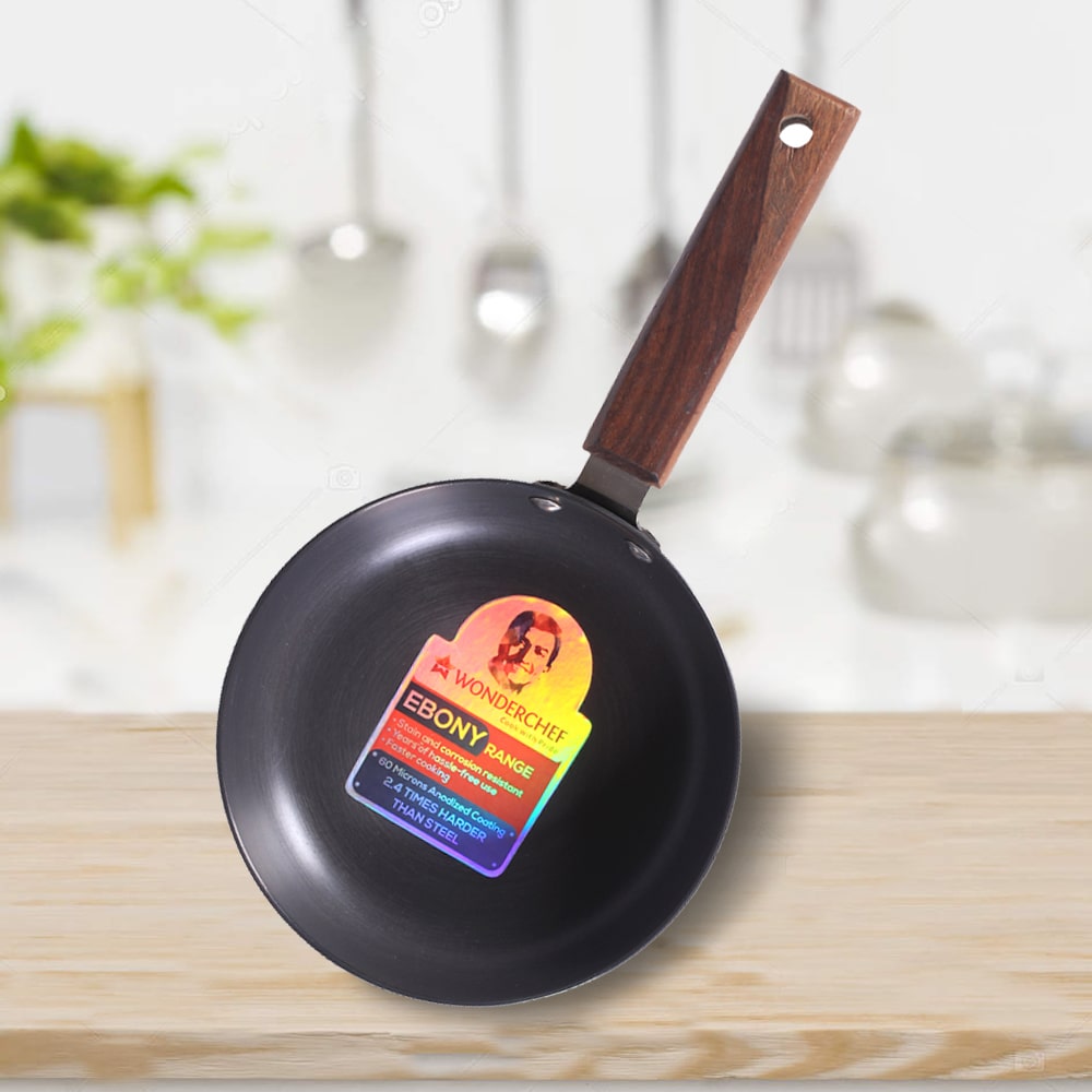 Ebony Non-stick 20 cm Deep Fry Pan with Lid with Induction Bottom & Wooden Handle | Hard Anodized Aluminium | Metal-spatula friendly | 3.25 mm thickness ideal for deep frying | 5 Years Warranty | Grey