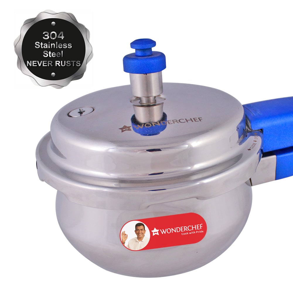 Nigella Induction Base 5.5L Stainless Steel Handi Pressure Cooker with Outer Lid, Blue Handle