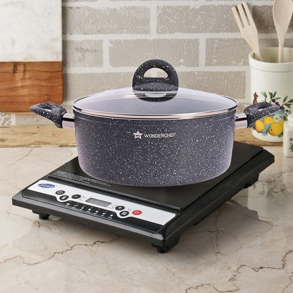 Granite 24 cm Non-Stick Casserole | Glass Lid |Induction Bottom | Soft-Touch Handles | Virgin Aluminium | PFOA and Heavy Metals Free | 3.5mm | 4 liters | 2 Year Warranty | Grey