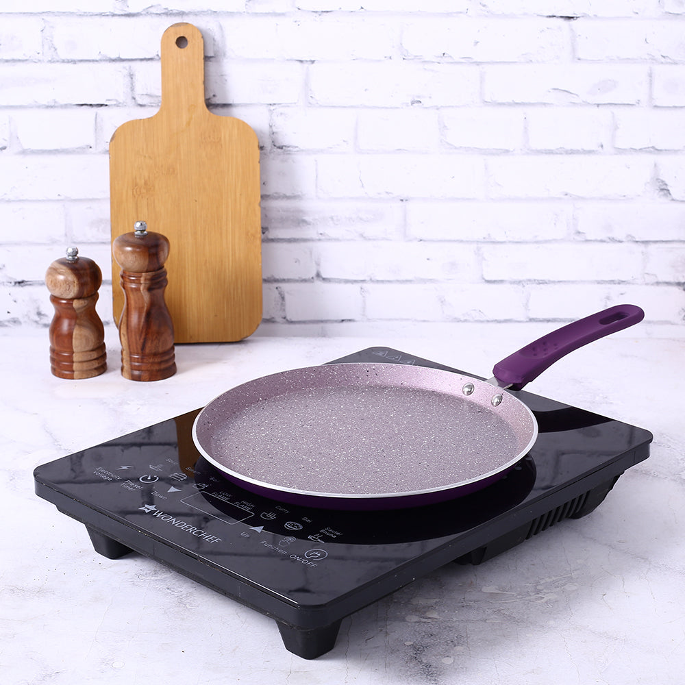 Royal Velvet Non-stick 5-piece Cookware Set (Fry Pan with Lid, Wok, Dosa Tawa, Mini Fry Pan) | Induction Ready | Soft-touch handles |Non – Toxic I Virgin Aluminium | 3 mm thick | 2 years warranty | Purple