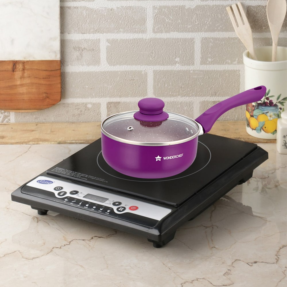 Royal Velvet 18cm Sauce pan with Glass Lid I Induction Ready | Soft-touch handles |Non – Toxic I Virgin Aluminium| 3 mm thick | 2 litres | 2 year warranty | Purple