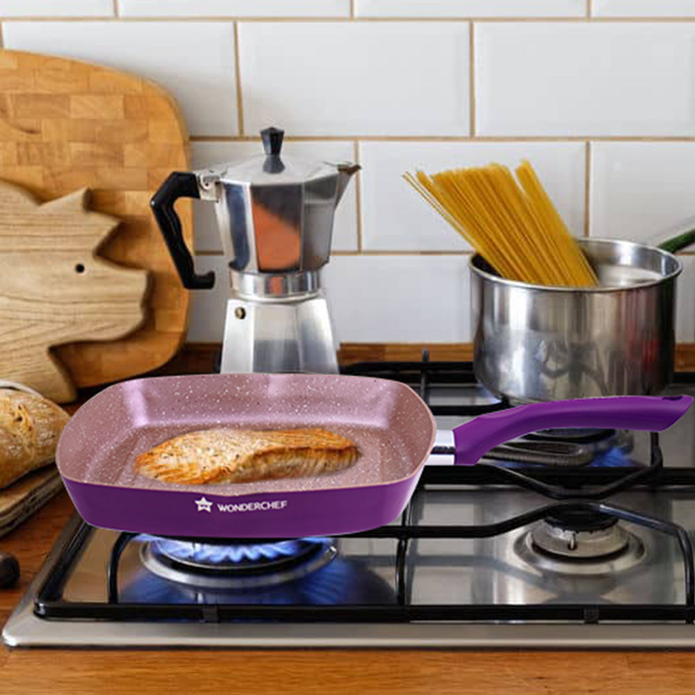 Royal Velvet 24cm Grill Pan | Soft-touch handles |Non – Toxic I Virgin Aluminium| 3 mm thick | 2 year warranty | Purple