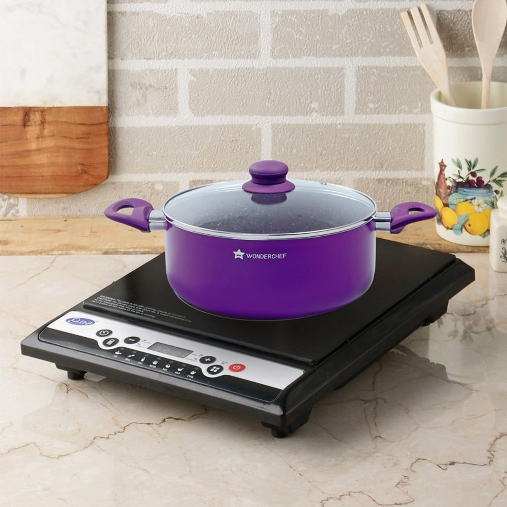 Royal Velvet 24cm Casserole with Glass Lid I Induction Ready | Soft-touch handles |Non – Toxic I Virgin Aluminium| 3 mm thick | 4.5 litres | 2 year warranty | Purple