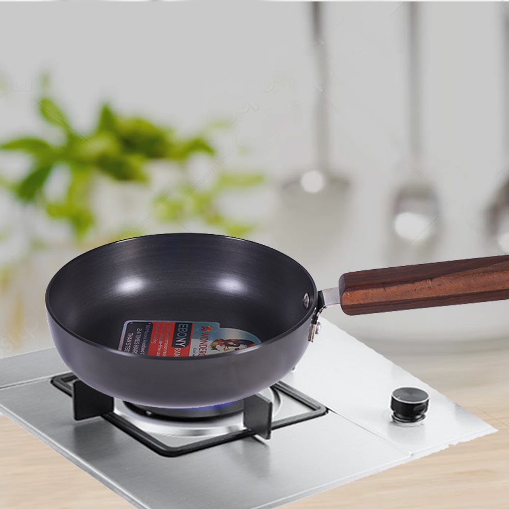 Ebony Non-stick 20 cm Deep Fry Pan with Lid with Induction Bottom & Wooden Handle | Hard Anodized Aluminium | Metal-spatula friendly | 3.25 mm thickness ideal for deep frying | 5 Years Warranty | Grey