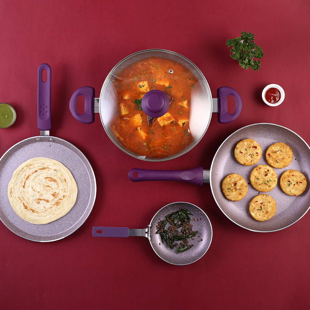 Royal Velvet Non-stick 5-piece Cookware Set (Fry Pan with Lid, Wok, Dosa Tawa, Mini Fry Pan) | Induction Ready (Dosa Tawa only)| Soft-touch handles |Non – Toxic I Virgin Aluminium | 3 mm thick | 2 years warranty | Purple