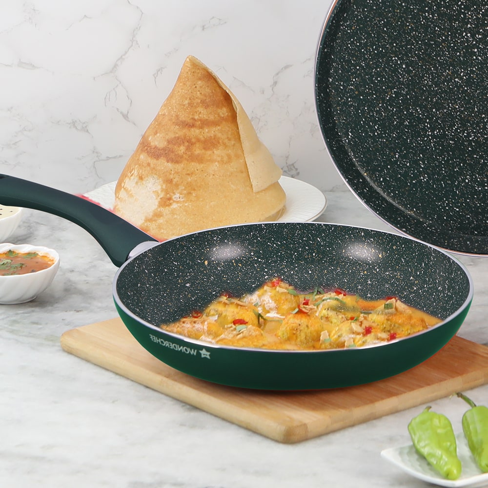 Royal Velvet Non-stick Cookware Set, 5Pc (Fry Pan with Lid, Wok, Dosa Tawa, Mini Fry Pan) Induction bottom, Soft-touch handles, Virgin Grade Aluminium, PFOA/Heavy Metals Free, 2 Years Warranty, Olive Green