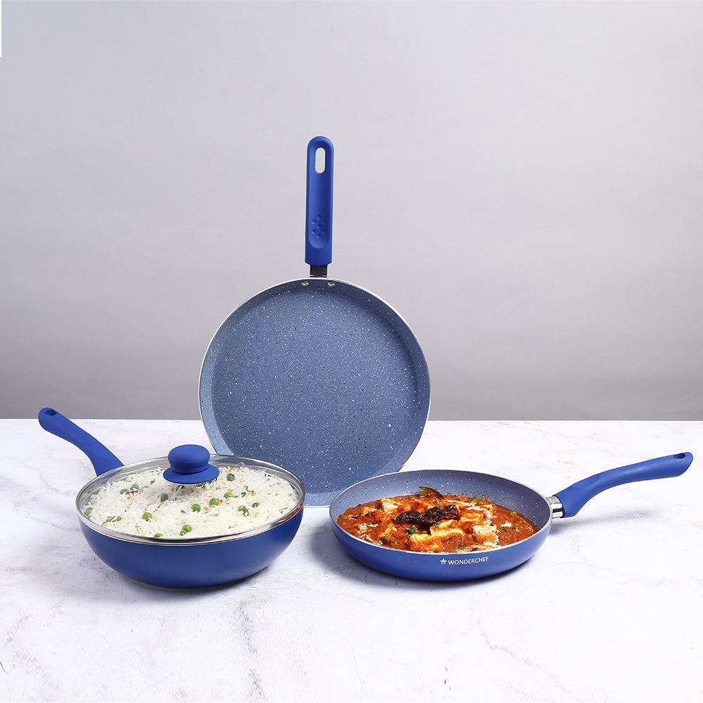 Royal Velvet Non-stick Cookware Set, 4Pc (Fry Pan with Lid, Wok, Dosa Tawa) Induction Bottom, Soft-touch Handles, Virgin Grade Aluminium, PFOA/Heavy Metals Free, 3mm, 2 Years Warranty, Blue