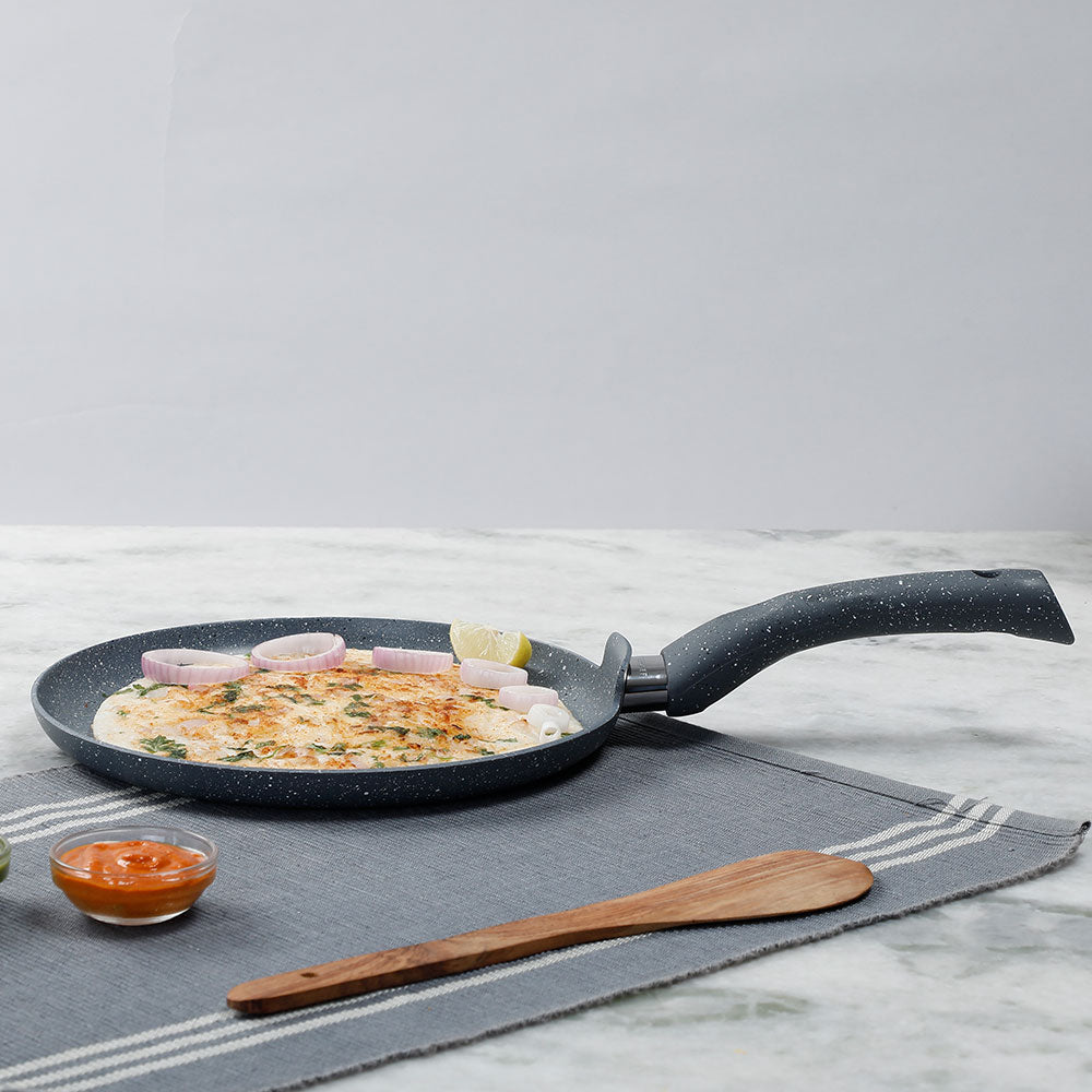 Granite 28cm Non-Stick Dosa Tawa | Induction Bottom | Soft-Touch Handles | Virgin Aluminium | PFOA/Heavy Metals Free | 3.5mm | 2 Year Warranty | Grey