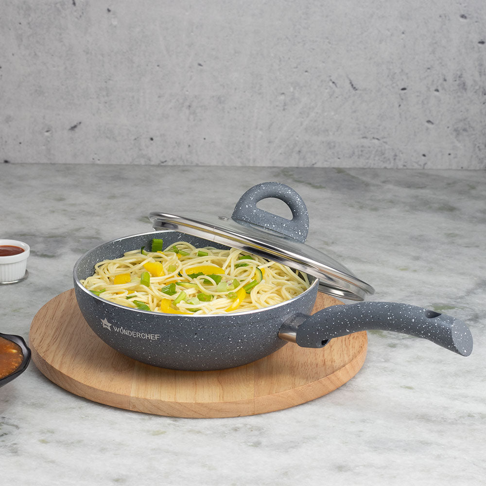 Granite 26cm Non-Stick Wok | Glass Lid | Induction Bottom | Soft-Touch Handles | Virgin Aluminium | PFOA and Heavy Metals Free | 3.5mm Thick| 26cm, 3.1 litres | 2 Year Warranty | Grey