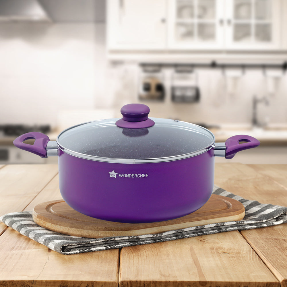 Royal Velvet 24cm Casserole with Glass Lid I Induction Ready | Soft-touch handles |Non – Toxic I Virgin Aluminium| 3 mm thick | 4.5 litres | 2 year warranty | Purple