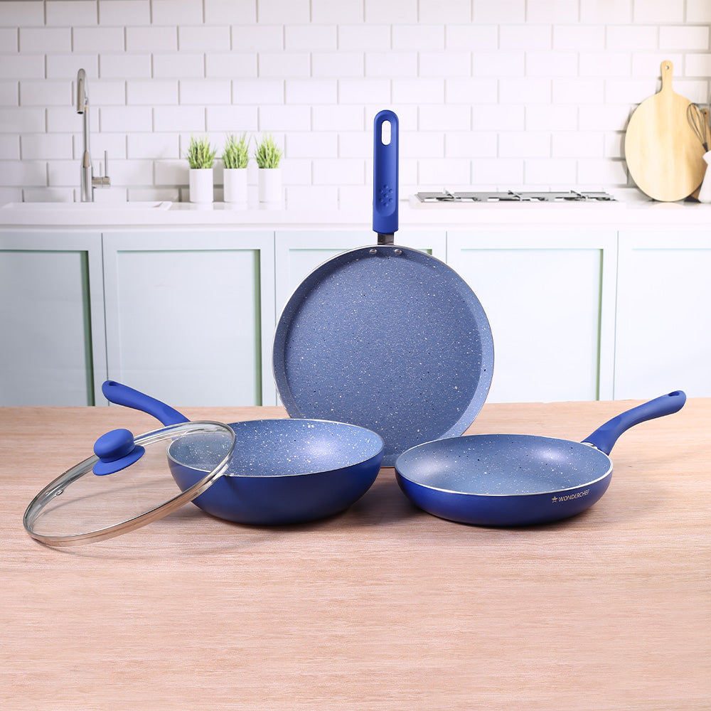 Royal Velvet Non-stick Cookware Set, 4Pc (Fry Pan with Lid, Wok, Dosa Tawa) Induction Bottom, Soft-touch Handles, Virgin Grade Aluminium, PFOA/Heavy Metals Free, 3mm, 2 Years Warranty, Blue