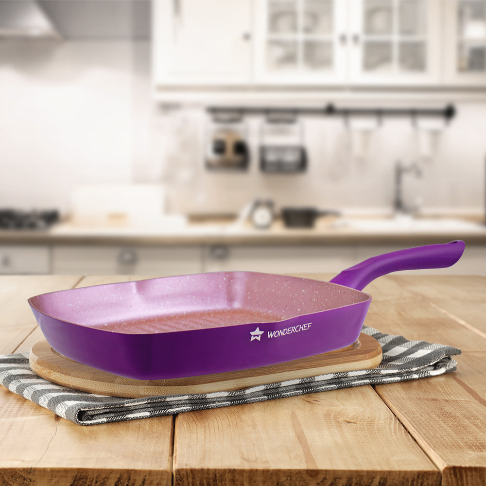 Royal Velvet 24cm Grill Pan | Soft-touch handles |Non – Toxic I Virgin Aluminium| 3 mm thick | 2 year warranty | Purple