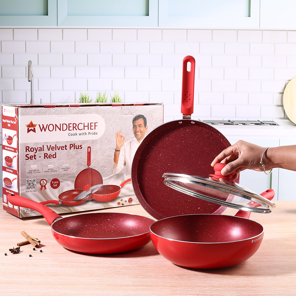 Royal Velvet Non-stick Cookware Set, 4Pc (Fry Pan with Lid, Wok, Dosa Tawa), Induction Bottom, Soft-touch Handles, Virgin Grade Aluminium, PFOA/Heavy Metals Free, 3mm, 2 Years Warranty, Red