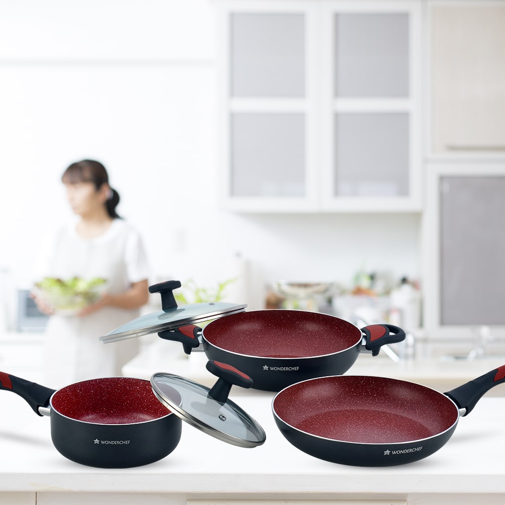 Burlington Aluminium Nonstick Cookware Set, 5Pc (Wok with Lid, Sauce Pan With Lid, Fry Pan), Induction bottom, Soft-touch handles, Virgin Grade Aluminium, PFOA/Heavy Metals Free, 3mm, 2 Years Warranty, Red and Black