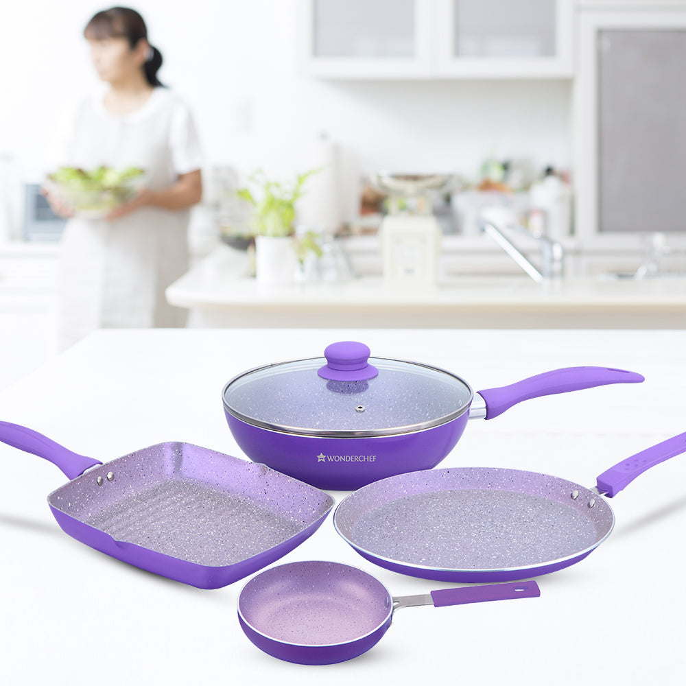 Celebration Non-stick Cookware Set, 5Pc (Wok with Lid, Mini Fry Pan, Dosa Tawa, Grill Pan), Induction Friendly, Soft Touch Handle, Pure Grade Aluminium, PFOA/Heavy Metals Free, 2.2mm, 2 Years Warranty, Purple