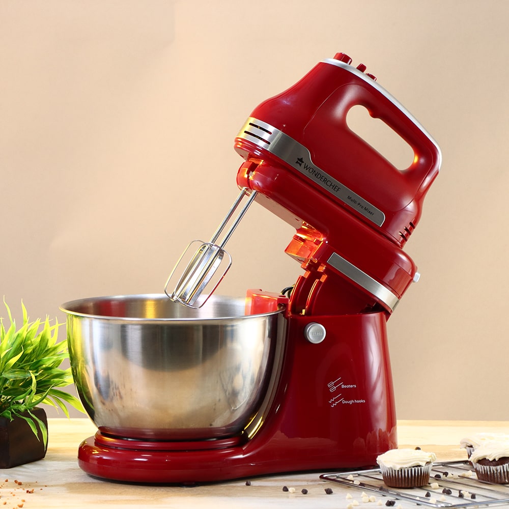 Crimson Revo Stand Mixer and Beater with 5 Speed Settings | Rotating Head Technology | 4.5L SS Bowl | 300 Watt Powerful Copper Motor | Mixing Beater, Dough Hook Attachments & Spatula | Ideal for Home Cooks & Professional Bakers |  2 Year Warranty | Red