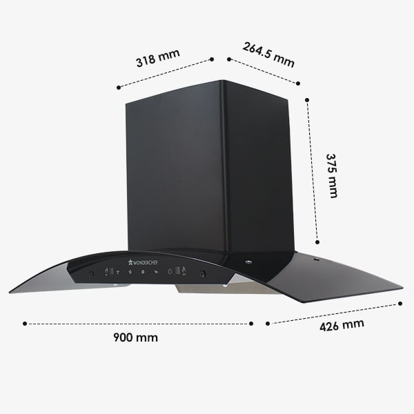 Power Curve Wall-Mount Chimney| Auto Clean Function| 1200M3/H | Suction Capacity| 3 Speed Motion| Gesture and Touch Control| Oil Collector| Low Noise| 90cms | Stainless Steel Baffle Filter|Black