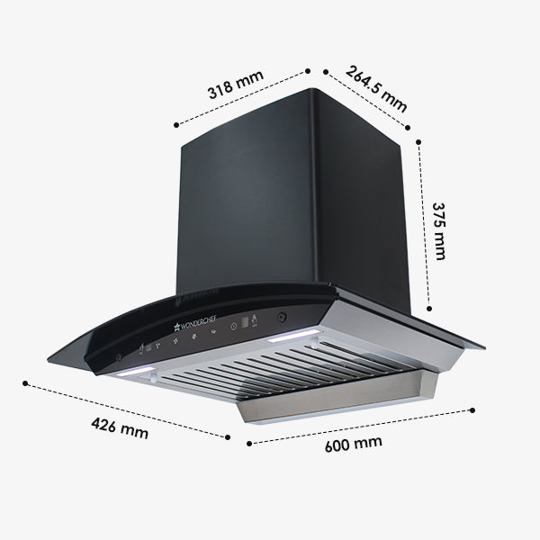 Ultima 60cm 1200 m3/hr Auto Clean Curved Glass Chimney | Baffle Filter | 1200M3/Hr powerful suction | Touch + 3 speed Motion Sensor control | Low Noise | 7 Year Warranty on Motor | 1 Year Comprehensive Warranty on Product | Black