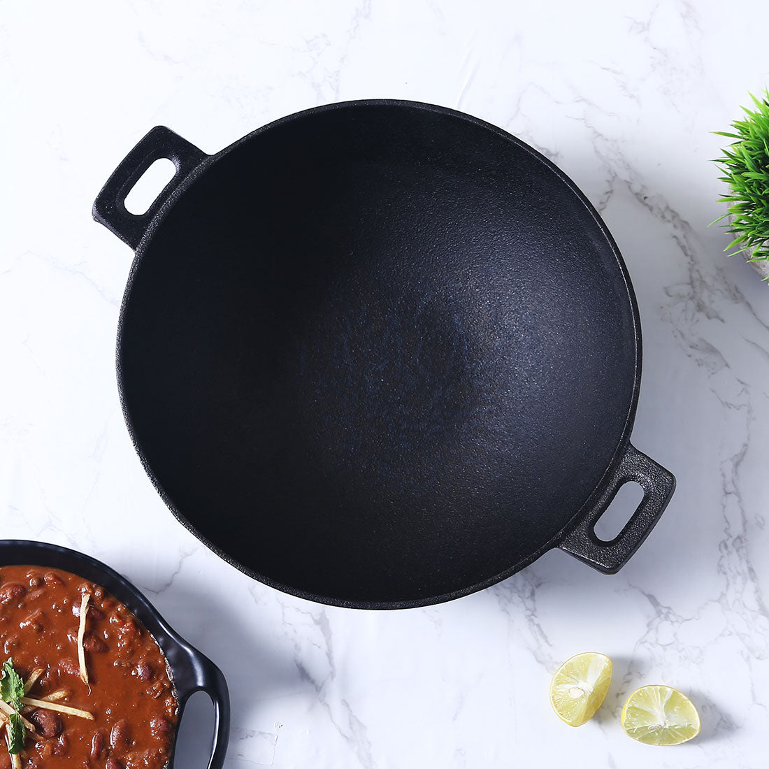 Forza 30cm Cast-iron Kadhai, Pre-Seasoned Cookware, Induction Friendly, 3.35L, 3.8mm